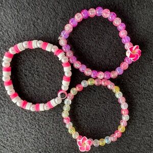 Handmade Pink Glass and Clay Bead Hibiscus Flower Evil Eye 3 Bracelet Set